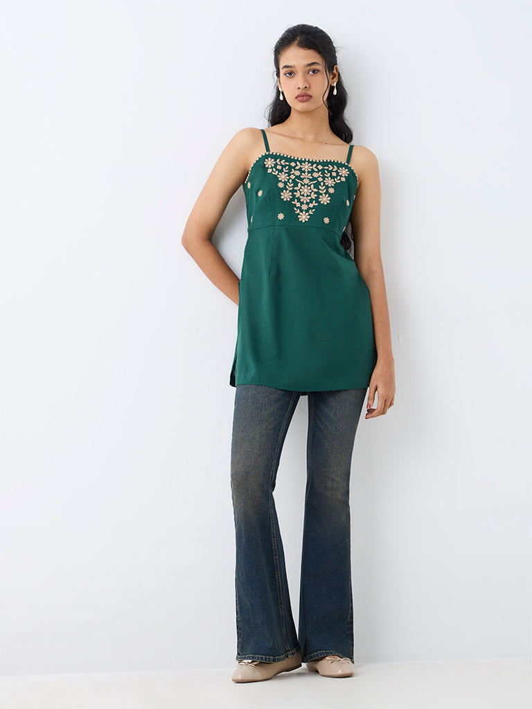 Utsa Dark Green Floral Embroidered Cotton Tunic — photo 2