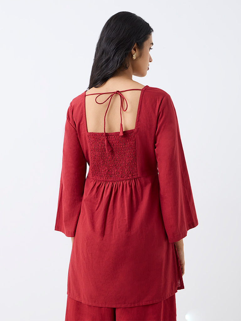Red Floral Embroidered Kurti and Cotton Farshi Salwar Set — photo 4