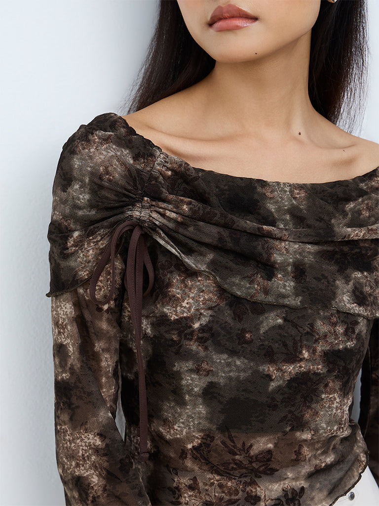 Nuon Dark Olive Floral Pattern Mesh Top — photo 3