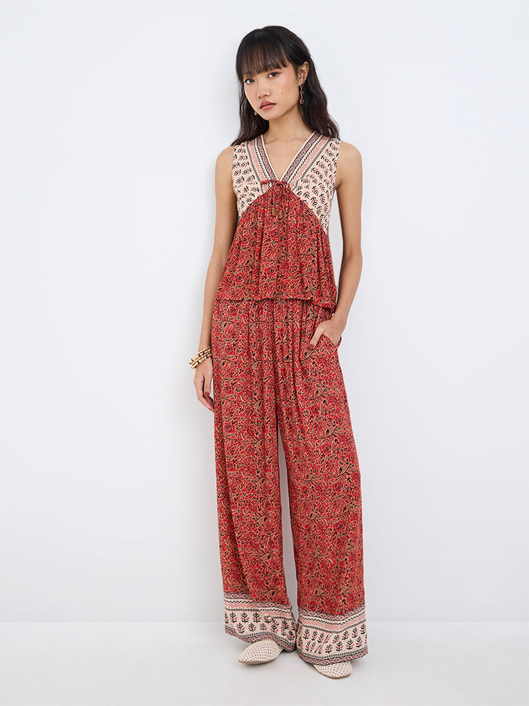 Bombay Paisley Red Printed Cotton-Blend Tie-Up Detail Top — photo 2