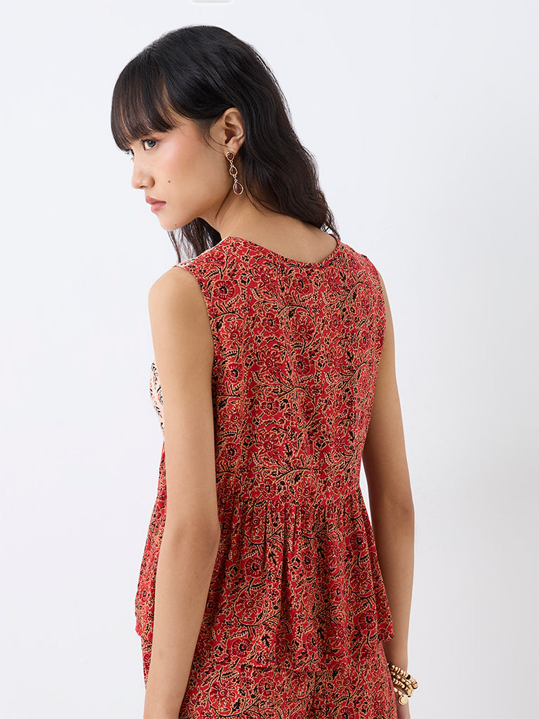 Bombay Paisley Red Printed Cotton-Blend Tie-Up Detail Top — photo 4