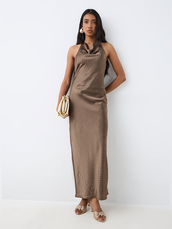 Wardrobe Brown Rhinestone Embellished Sheath Dress
