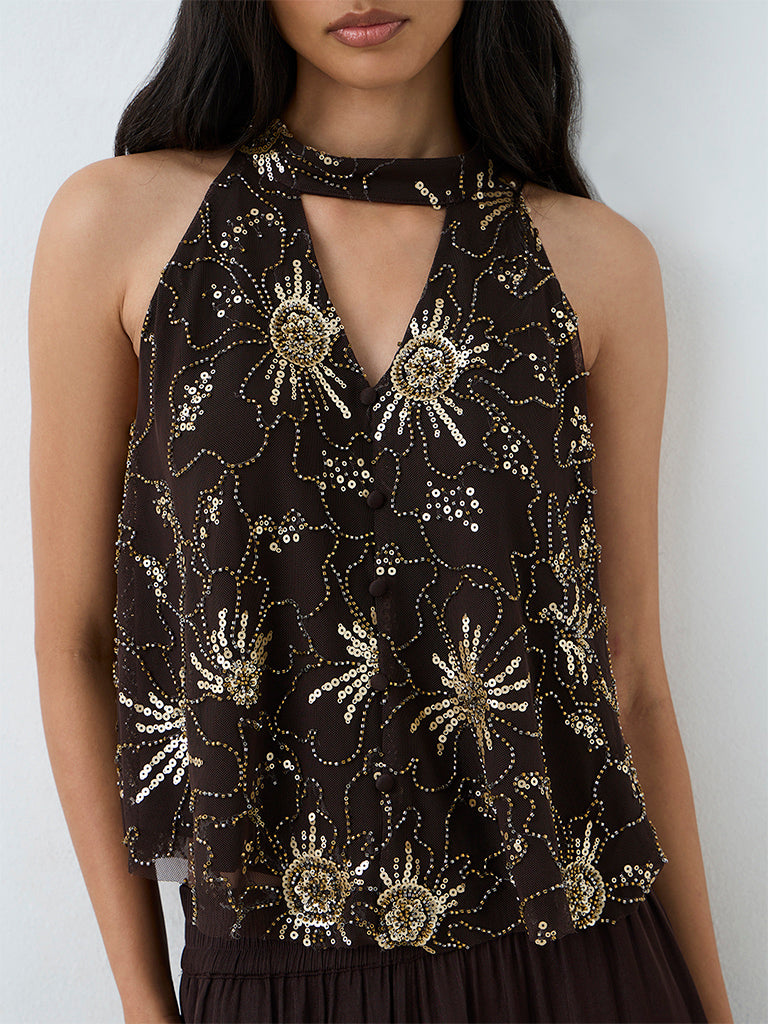 LOV Dark Brown Sequin Embellished Top — photo 3