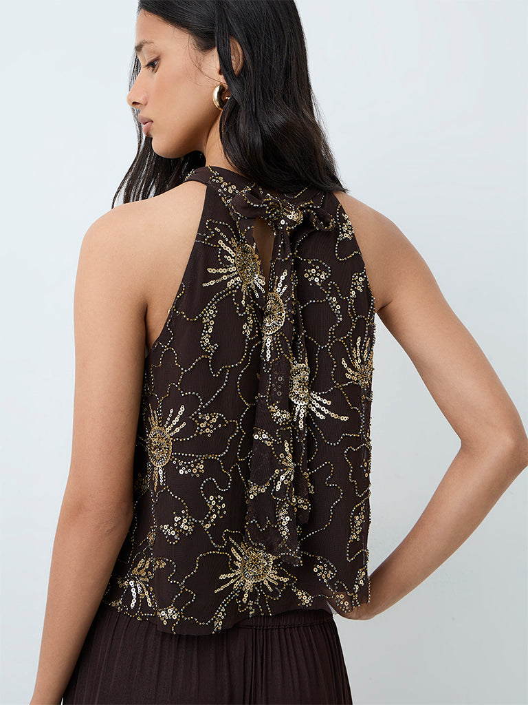 LOV Dark Brown Sequin Embellished Top — photo 4