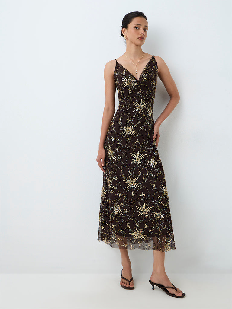 LOV Dark Brown Sequin Embellished Party Dress — photo 1