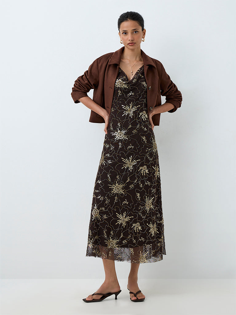 LOV Dark Brown Sequin Embellished Party Dress — photo 2