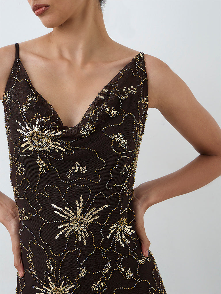 LOV Dark Brown Sequin Embellished Party Dress — photo 3