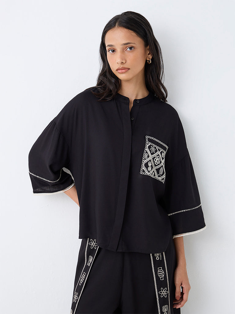 LOV Black Embroidered Blouse — photo 1