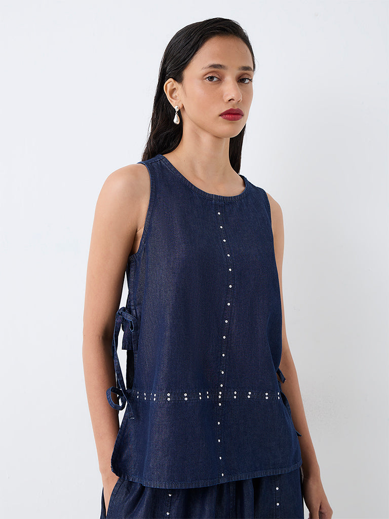 LOV Dark Blue Studded Tie-Up Detail Denim Top — photo 1