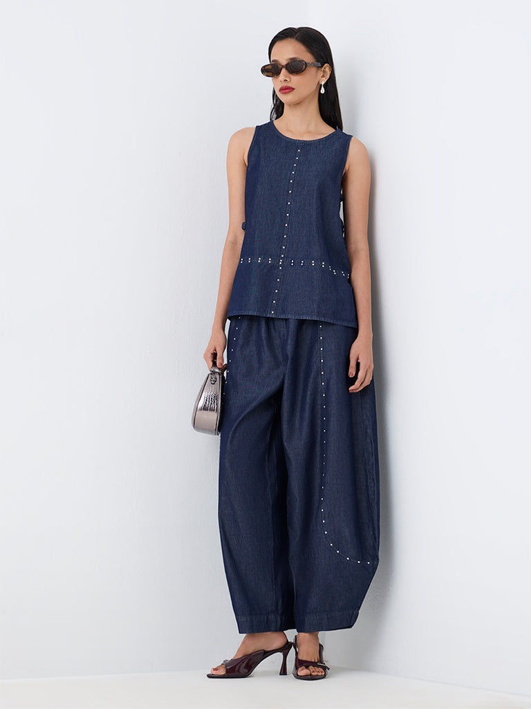 LOV Dark Blue Studded Tie-Up Detail Denim Top — photo 2