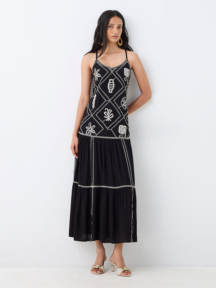 LOV Black Embroidered Drop-Waist Cotton Dress
