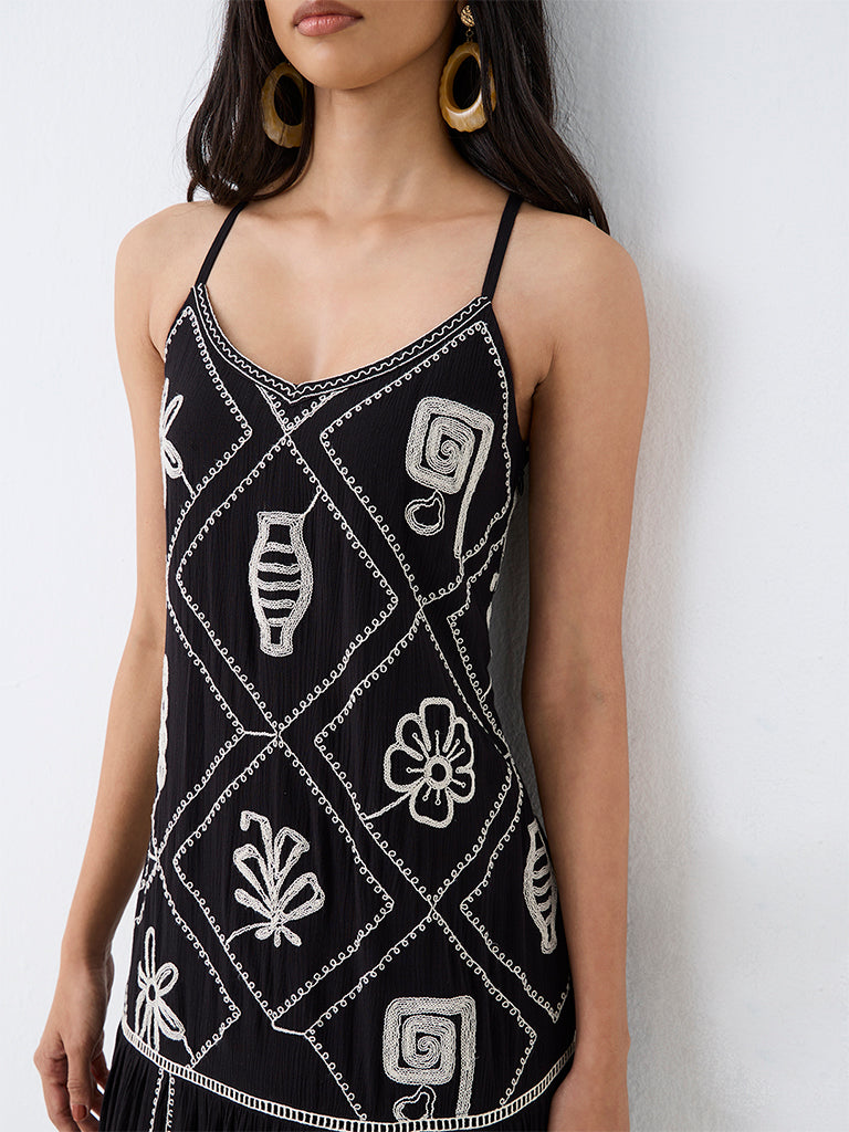 LOV Black Embroidered Drop-Waist Cotton Dress — photo 3