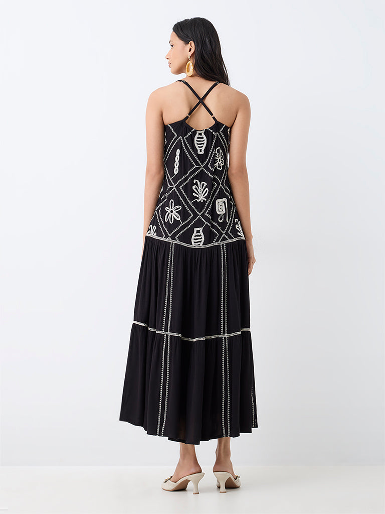 LOV Black Embroidered Drop-Waist Cotton Dress — photo 4