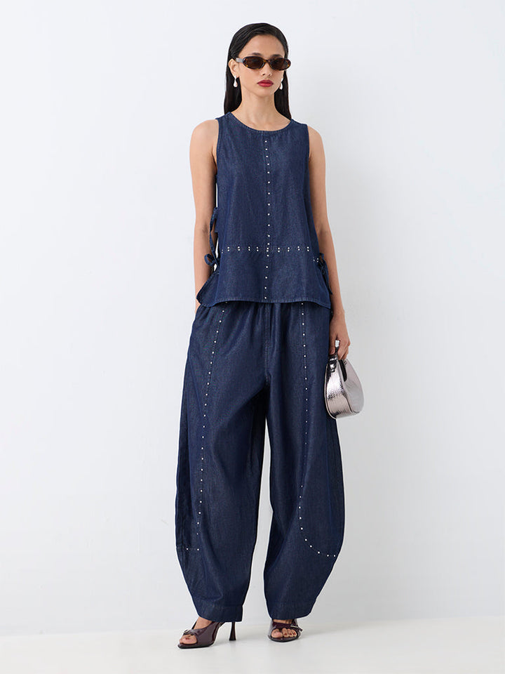 LOV Dark Blue Stud-Detail High-Rise Balloon Denim Pants