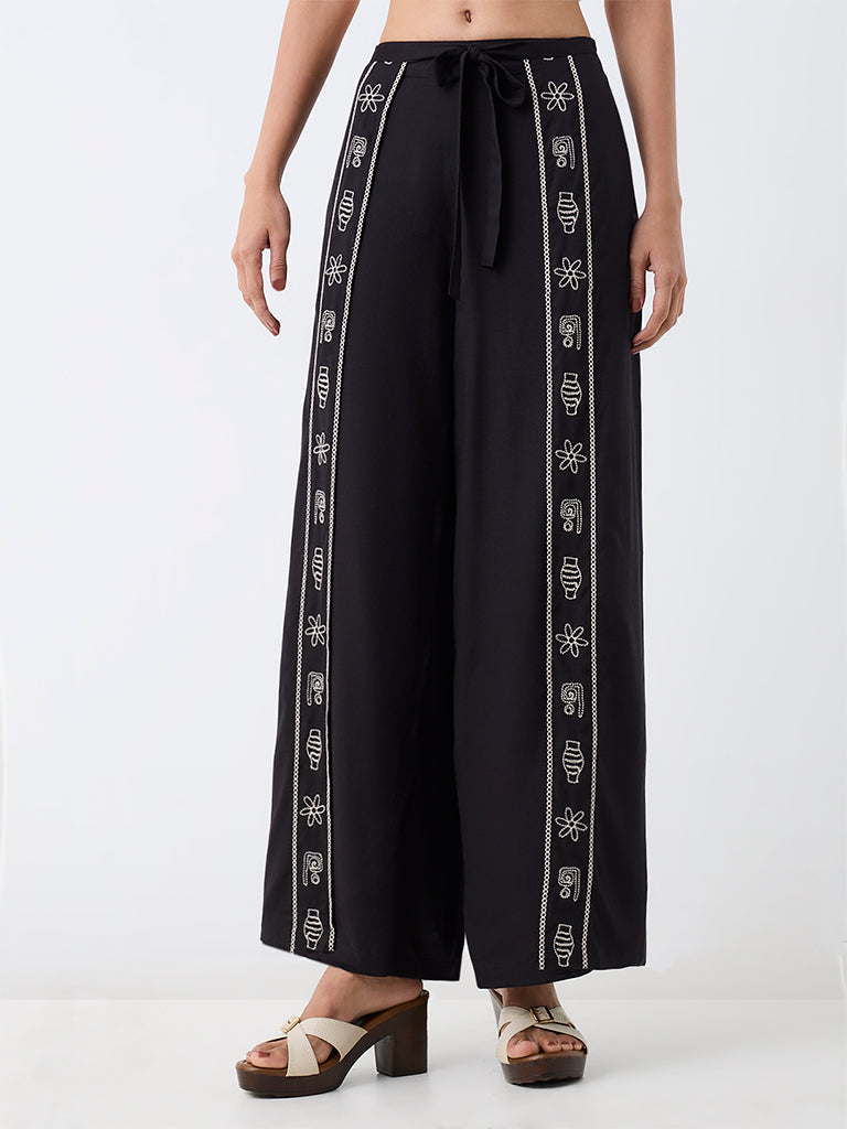 LOV Black Embroidered Tie-Up Detail High-Rise Pants — photo 2