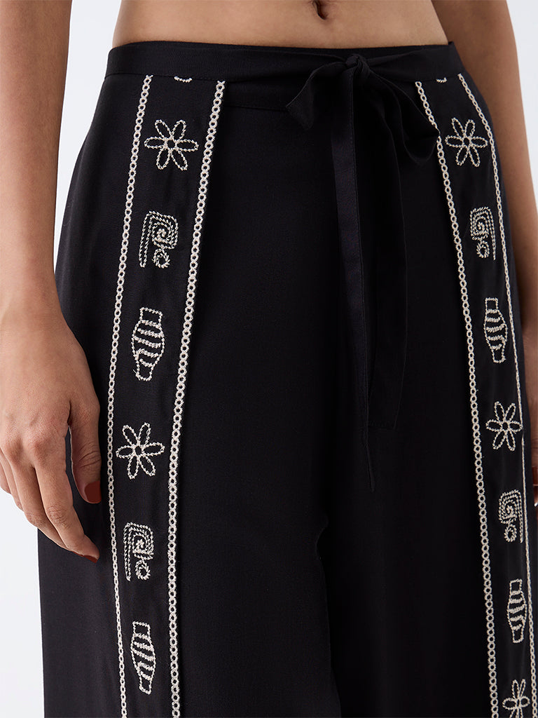 LOV Black Embroidered Tie-Up Detail High-Rise Pants — photo 3