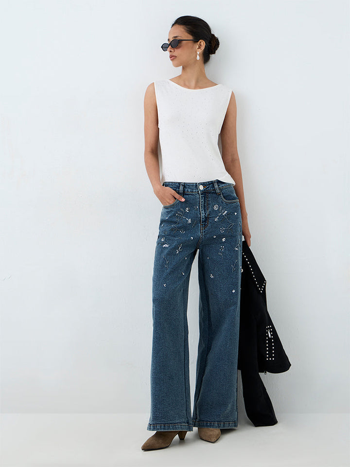 LOV White Embellished Ribbed Cotton-Blend Top