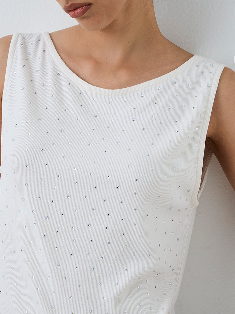 LOV White Embellished Ribbed Cotton-Blend Top — photo 3