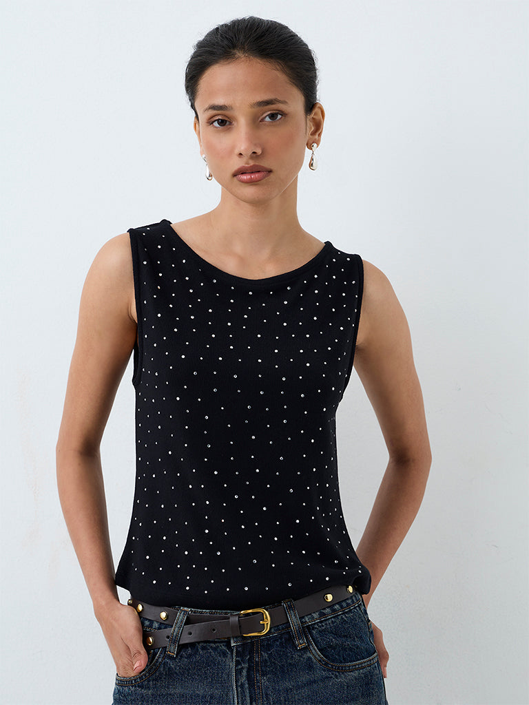 LOV Black Embellished Ribbed Cotton-Blend Top — photo 2