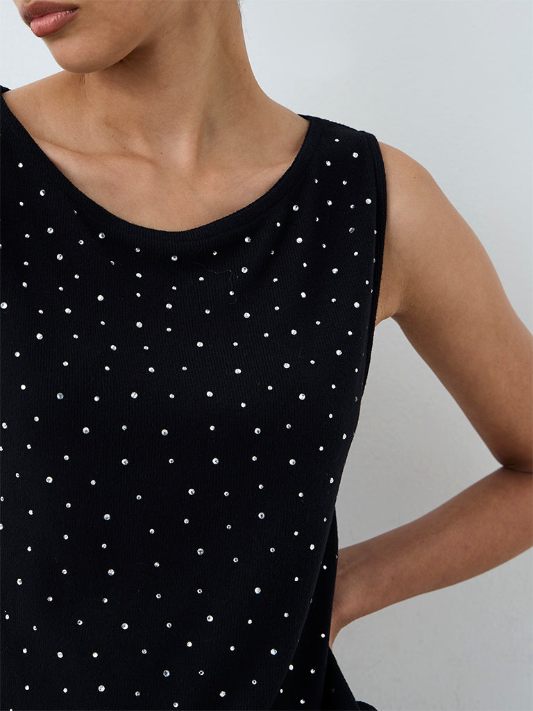 LOV Black Embellished Ribbed Cotton-Blend Top — photo 3