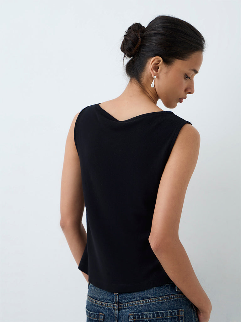 LOV Black Embellished Ribbed Cotton-Blend Top — photo 4