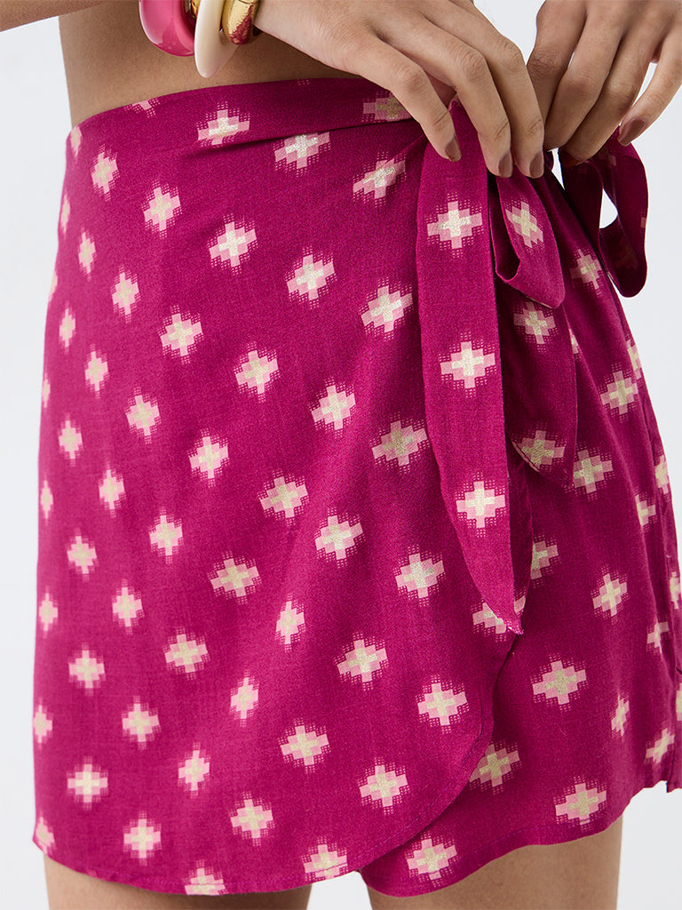 Bombay Paisley Magenta Printed Wrap-Style High-Rise Skirt — photo 3