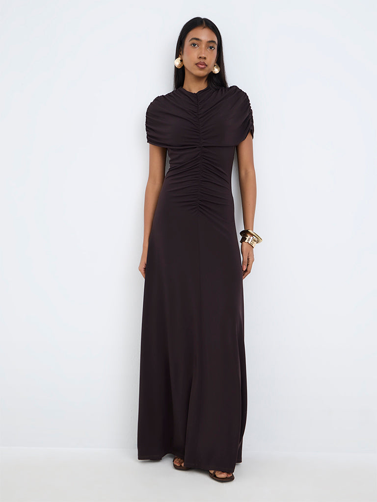 Wardrobe Dark Brown Ruched Maxi Dress — photo 1