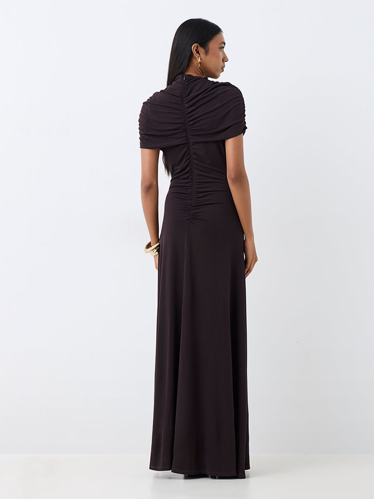 Wardrobe Dark Brown Ruched Maxi Dress — photo 4