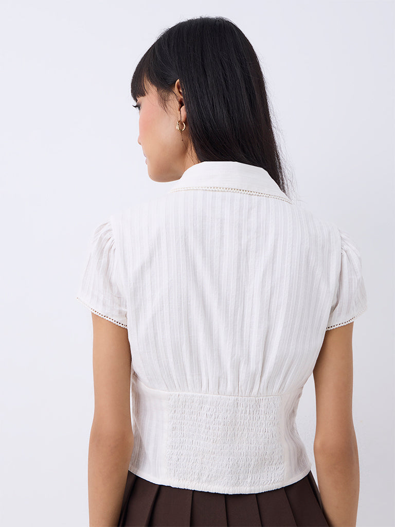 Nuon Off-White Self-Striped Tie-Up Detail Blouse — photo 4