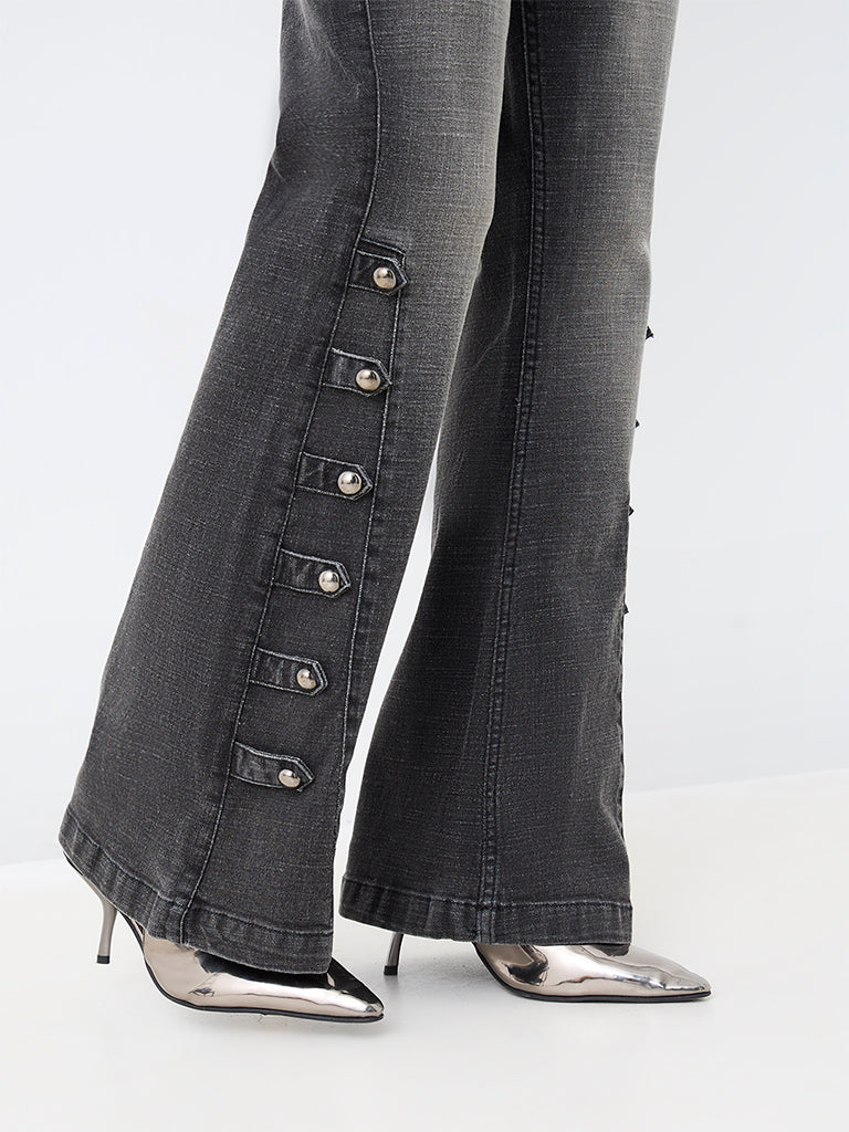 Nuon Charcoal Wash High-Waist Bootcut Jeans with Button-Detailing — photo 3