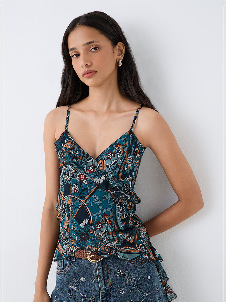 LOV Dark Teal Floral Printed Ruffled Top — photo 1