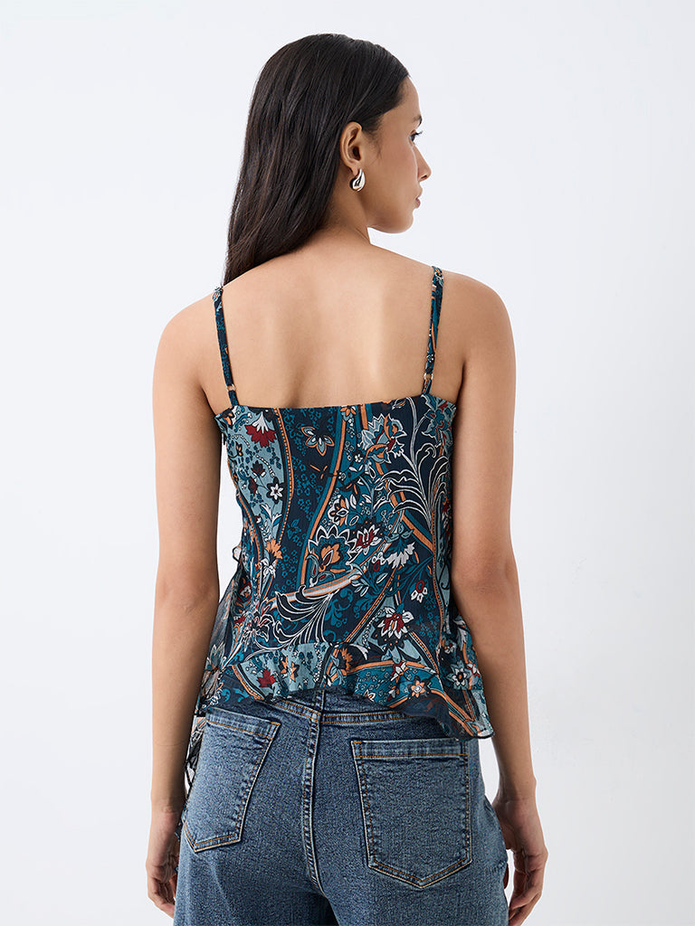 LOV Dark Teal Floral Printed Ruffled Top — photo 4