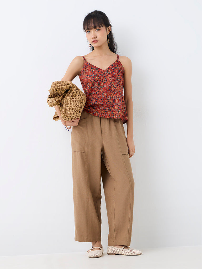 Bombay Paisley Dark Beige High-Rise Cotton-Blend Tapered Pants — photo 1