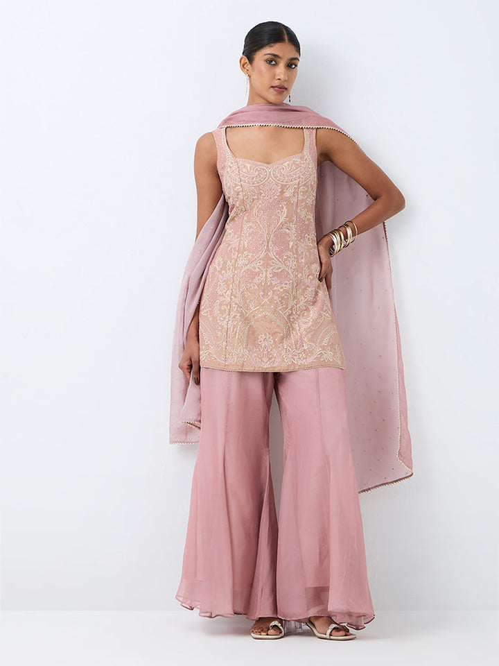 Dusty Pink Floral Embroidered Short Kurta And Flared Palazzos Set