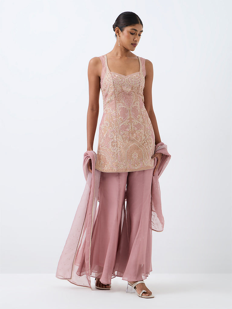 Dusty Pink Floral Embroidered Short Kurta And Flared Palazzos Set — photo 2