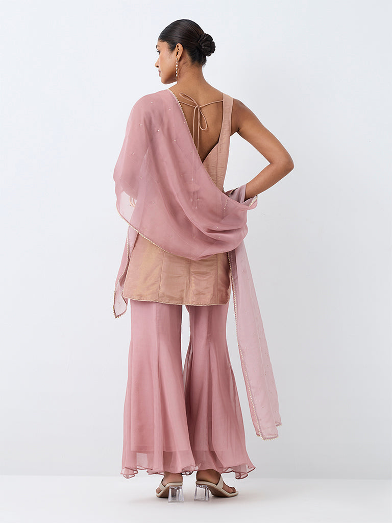 Dusty Pink Floral Embroidered Short Kurta And Flared Palazzos Set — photo 4