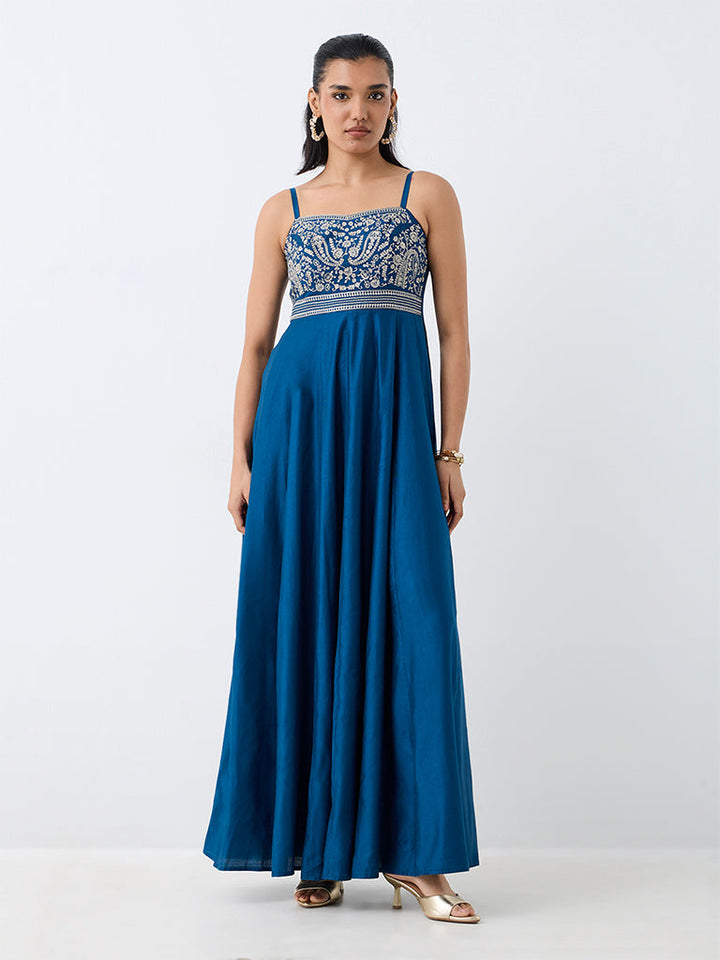 Navy Floral Embroidered Fit-and-Flare Dress
