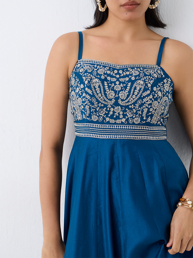 Navy Floral Embroidered Fit-and-Flare Dress — photo 3