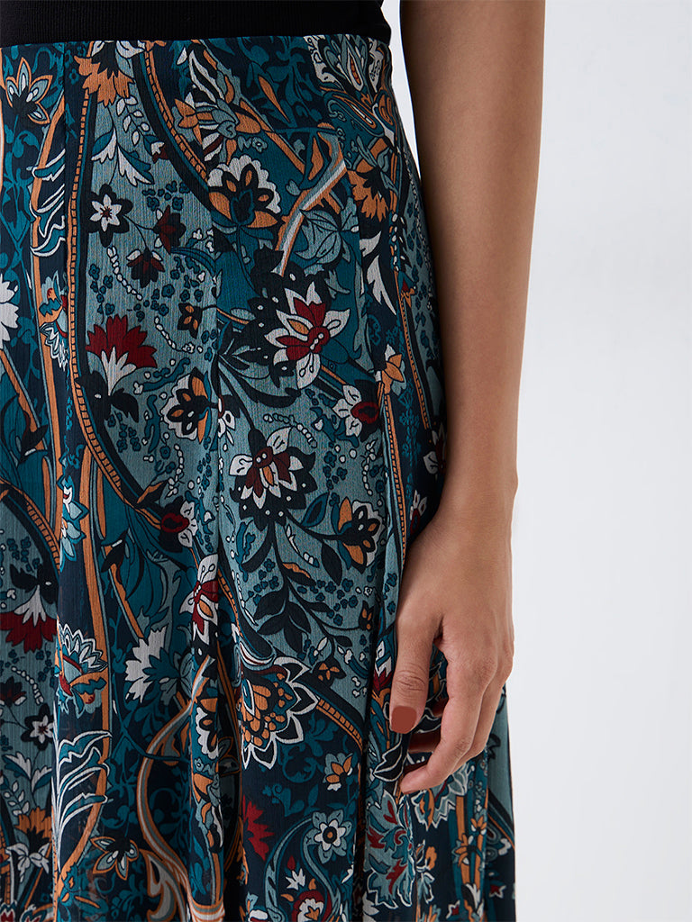 LOV Dark Teal Floral Printed High-Rise Skirt — photo 3
