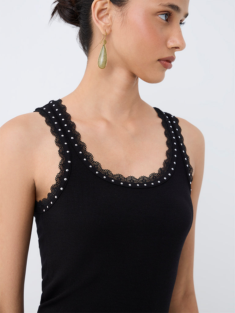 LOV Black Lace-Detail Ribbed Top — photo 3