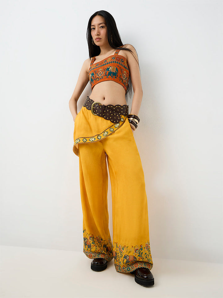 Bombay Paisley Mustard Wrap-Front High-Rise Pants