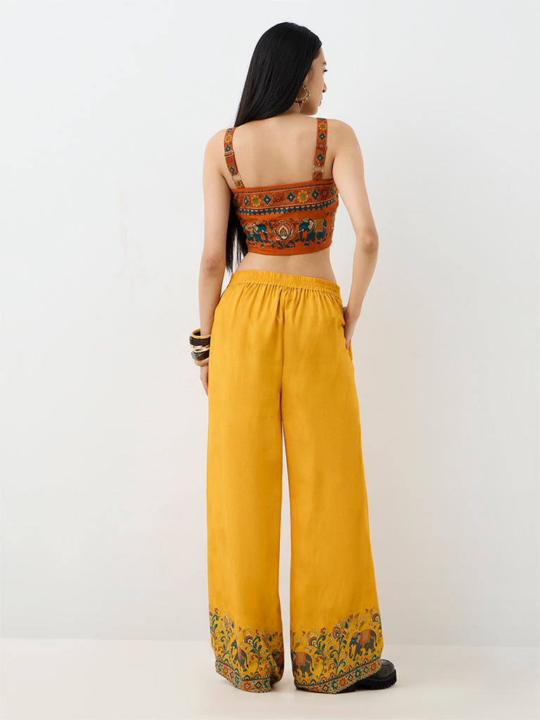 Bombay Paisley Mustard Wrap-Front High-Rise Pants — photo 4