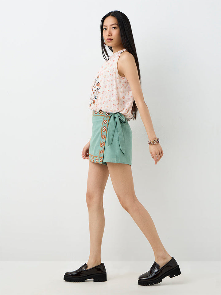 Bombay Paisley Sage Embroidered Wrap-Style High-Rise Cotton-Blend Skorts