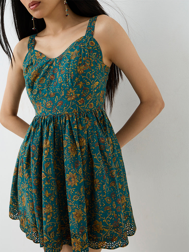 Bombay Paisley Teal Floral Printed Cotton Fit-and-Flare Dress — photo 3