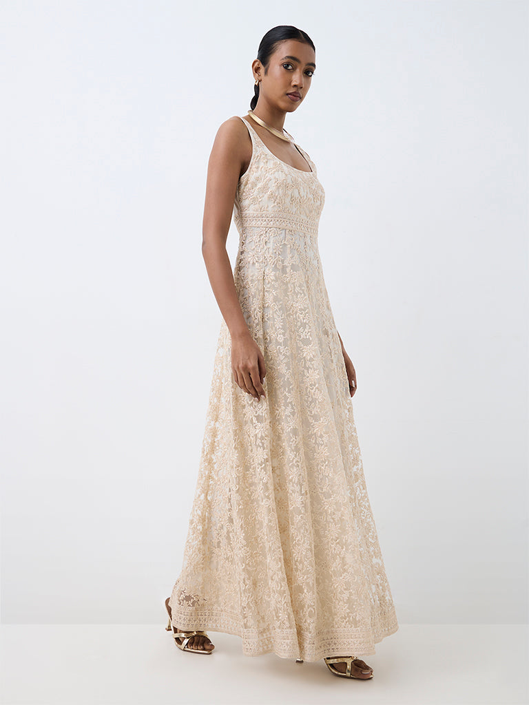 Ivory Floral Embroidered Mesh Empire A-Line Dress — photo 1