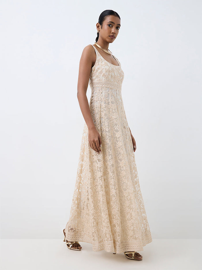 Ivory Floral Embroidered Mesh Empire A-Line Dress