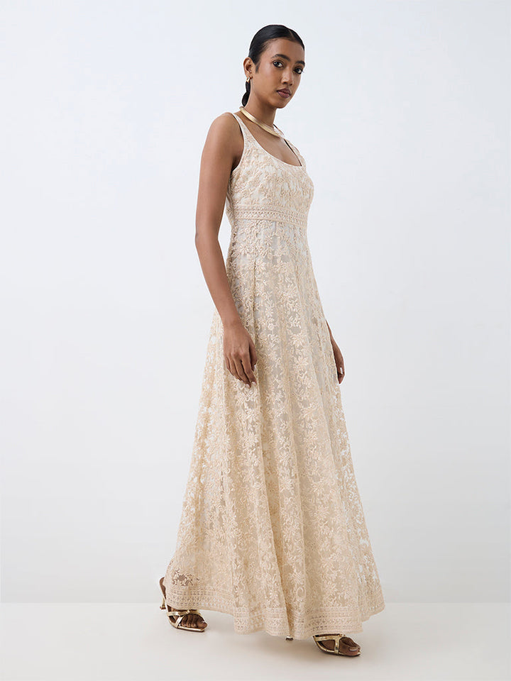 Ivory Floral Embroidered Mesh Empire A-Line Dress