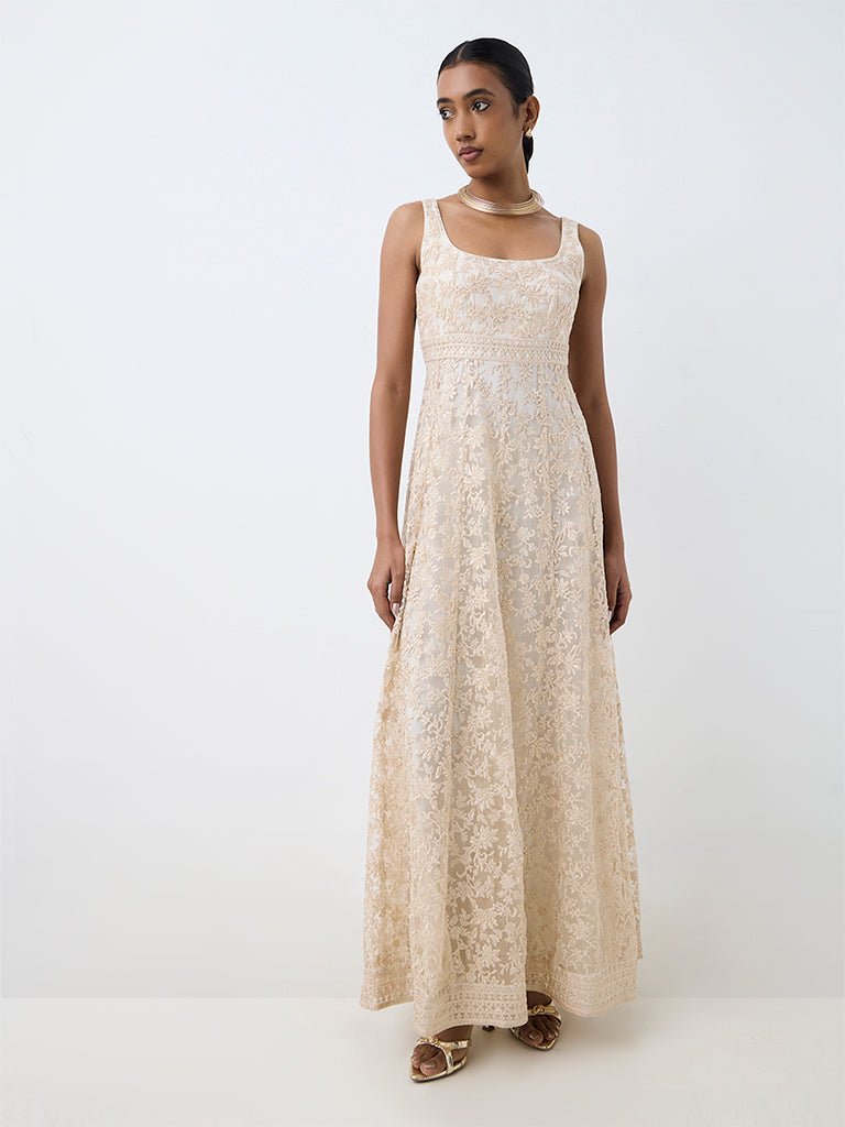 Ivory Floral Embroidered Mesh Empire A-Line Dress — photo 2