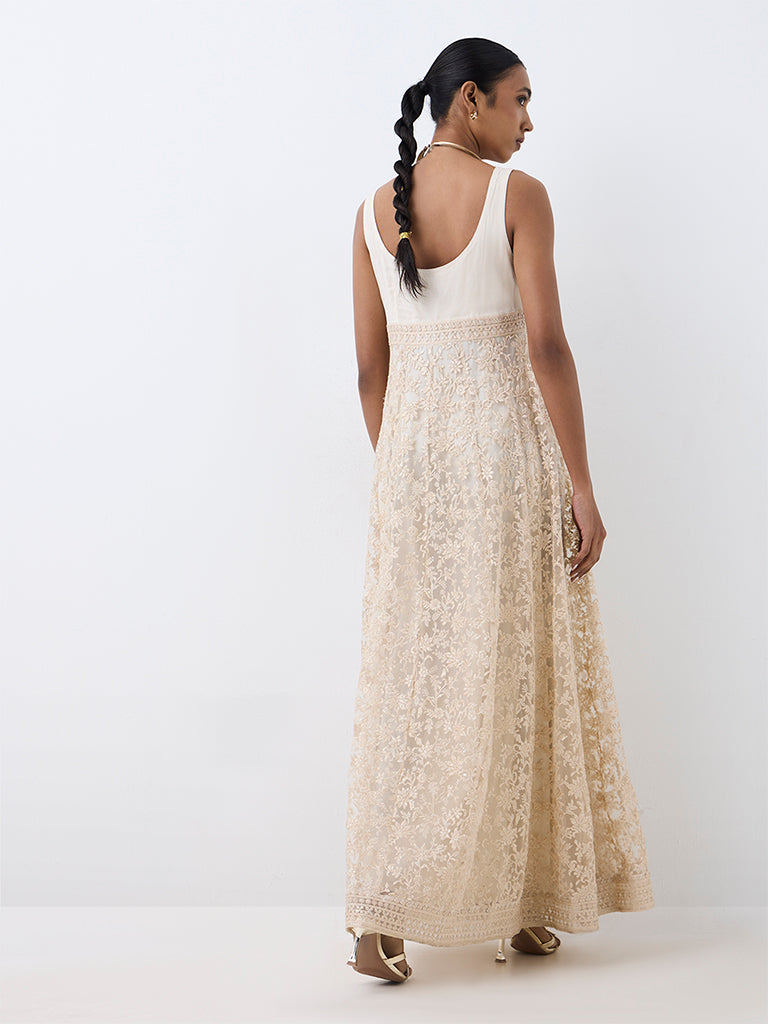 Ivory Floral Embroidered Mesh Empire A-Line Dress — photo 4